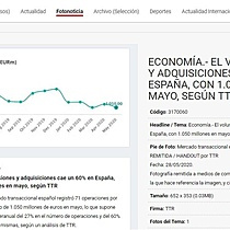 El volumen de fusiones y adquisiciones cae un 60% en Espaa, con 1.050 millones en mayo, segn TTR